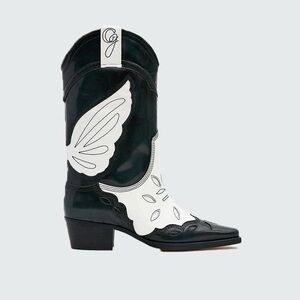 Ganni - HIGH TEXAS EMBROIDERED TWO-TONE GLOSSED-LEATHER BOOTS IN FOREST GREEN